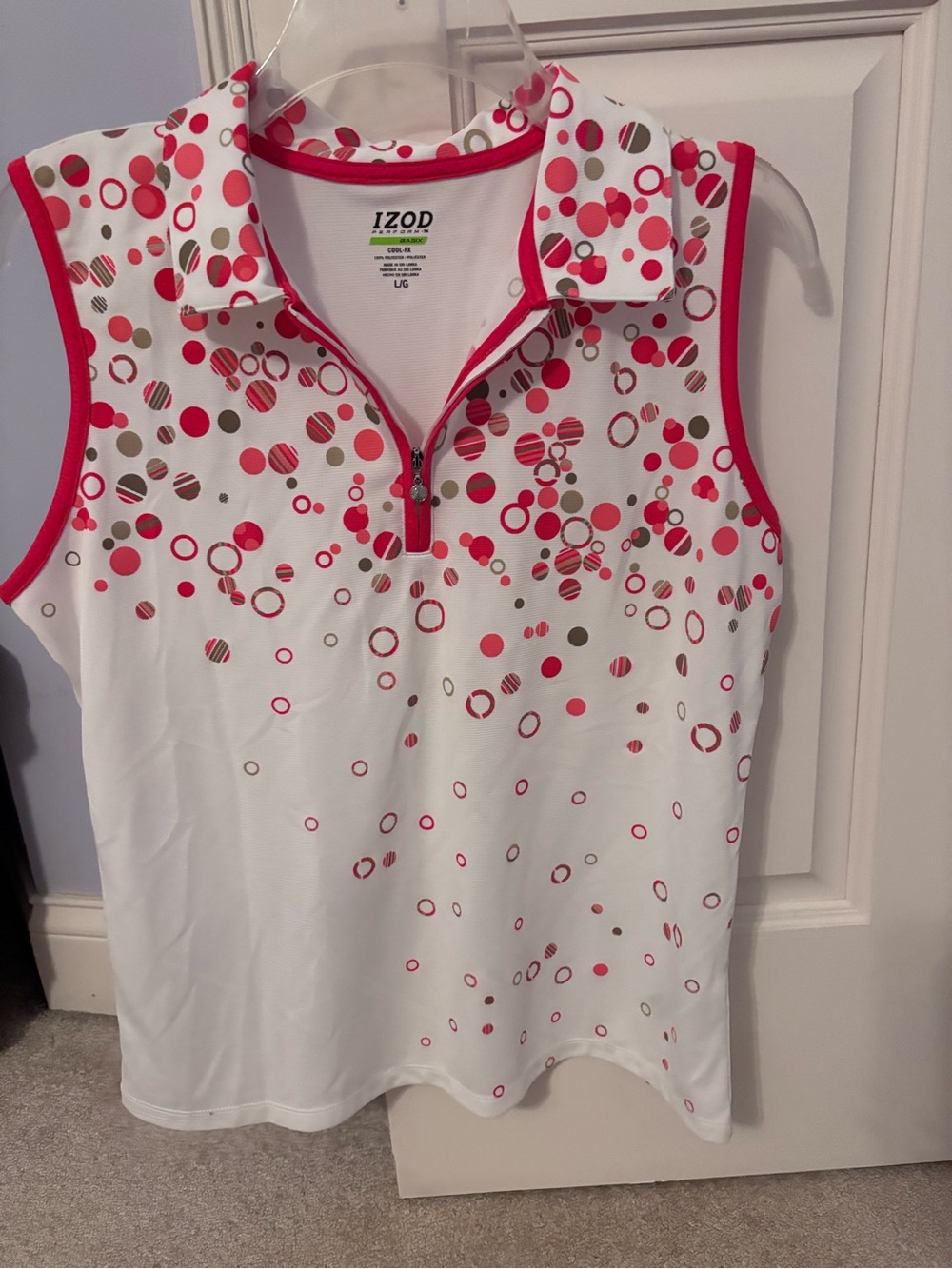 Izod White Sleeveless Polo Tank with Pink & Tan Dot Print